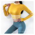 Women Long Sleeve Workout Fitness Clothing Sport Seamless Striped Gym Yoga Crop Top with Thumb Hole